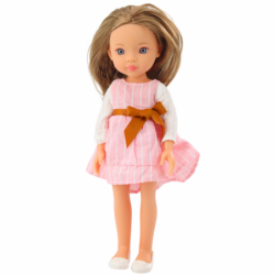 Doll in a pink dress with a bow, long brown hair