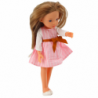 Doll in a pink dress with a bow, long brown hair