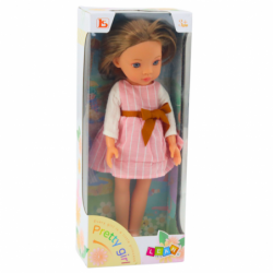 Doll in a pink dress with a bow, long brown hair