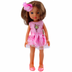 Doll In Pink Dress Long Brown Hair Hairpin Flower