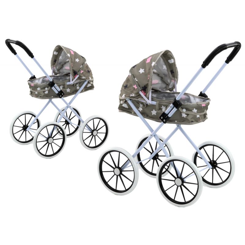 Doll's Pram Big Wheels Foldable Stars Clouds Gray 70cm