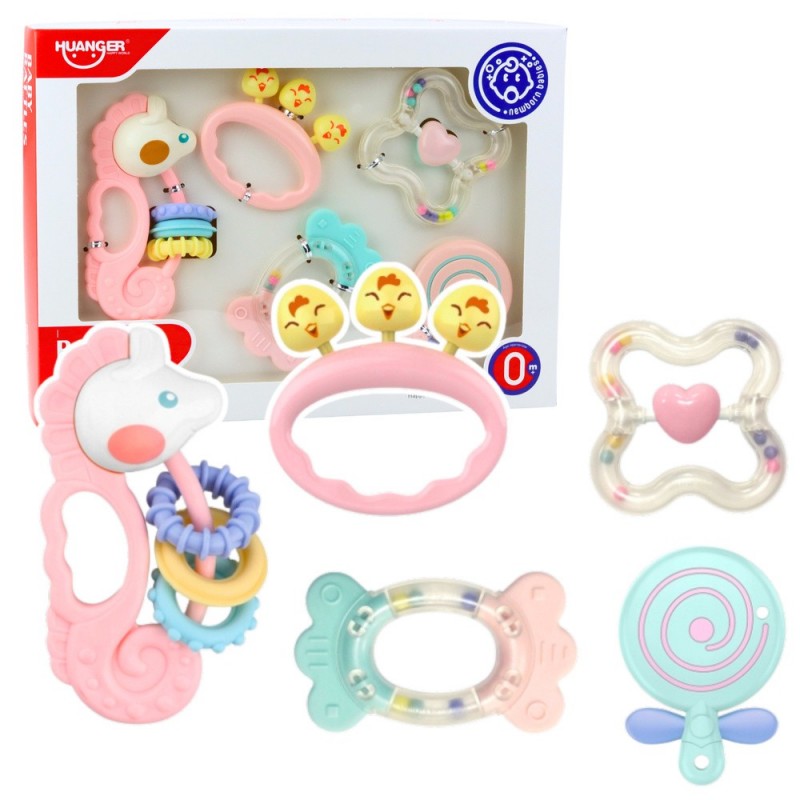 Set of Sensory Rattles Teethers for Babies Pink 5pcs