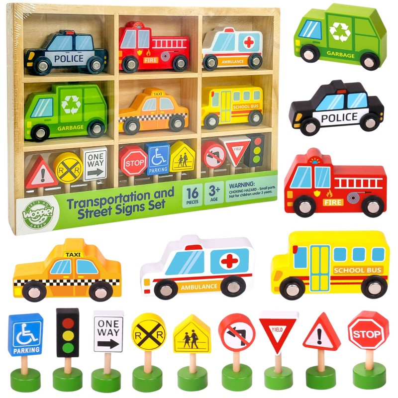 WOOPIE GREEN Zestaw Drewnianych Pojazdów i Znaków Drogowych