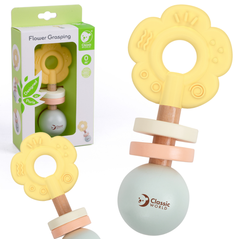 CLASSIC WORLD Drewniana Pastelowa Grzechotka Gryzak 2w1 Kwiatuszek