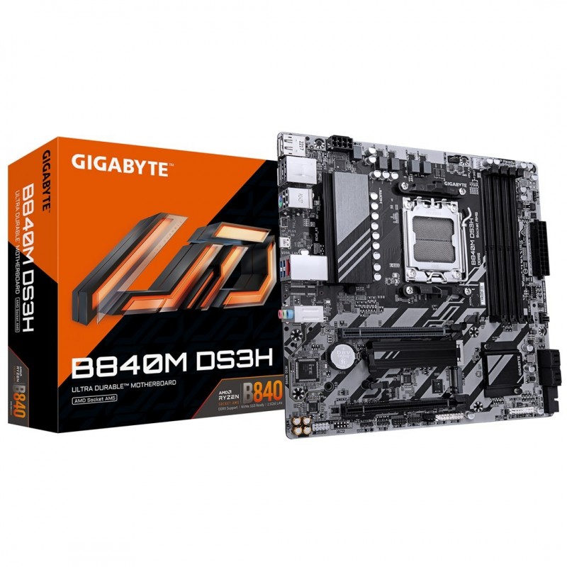 GIGABYTE B840M DS3H Motherboard - AMD Ryzen 9000 CPUs, 8+2+2 Phases VRM, up to 8200MHz DDR5, 2xPCIe 4.0 M.2, 2.5GbE LAN,
