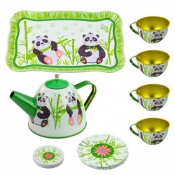 Tea Set Metal Jug Cup Plates Panda Green 14 pcs