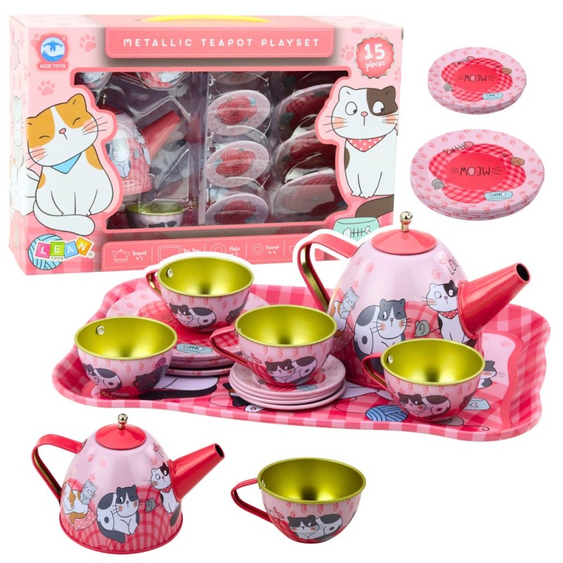 Tea Coffee Set For Kids Metal Cats Pink 15pcs