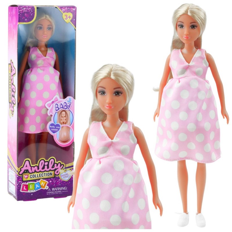 Anlily Pregnant Doll Light Pink Polka Dot Dress Long Hair