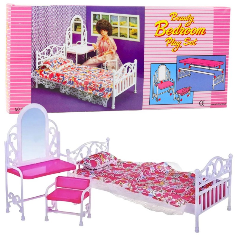 Doll Furniture Set Bed Dressing Table Chair Bedding Floral