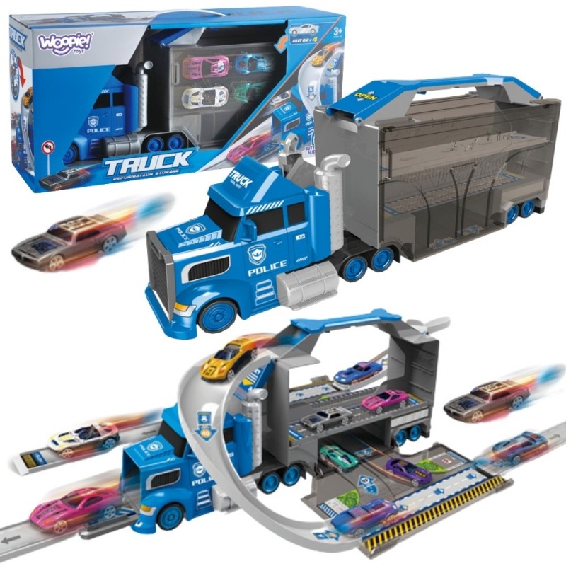 WOOPIE Zestaw Ciężarówka Policyjna Laweta Garaż Tor Wyścigowy