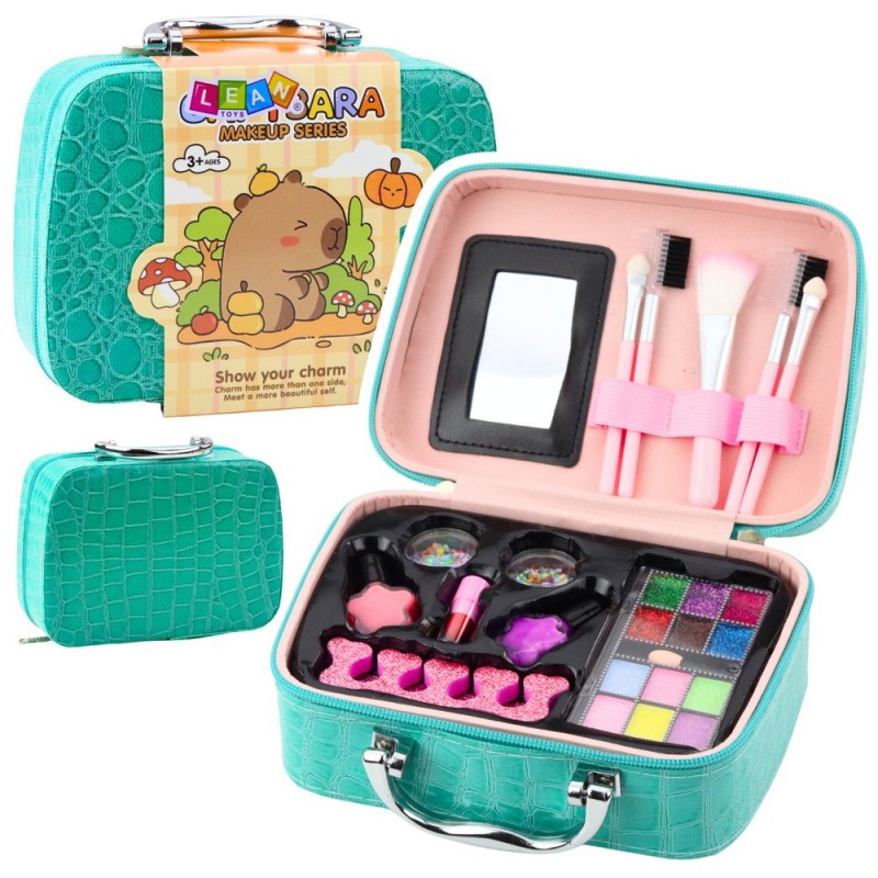 Set Cosmetic Bag Capybara Eyeshadows Nail Polishes Turquoise 14 pcs.