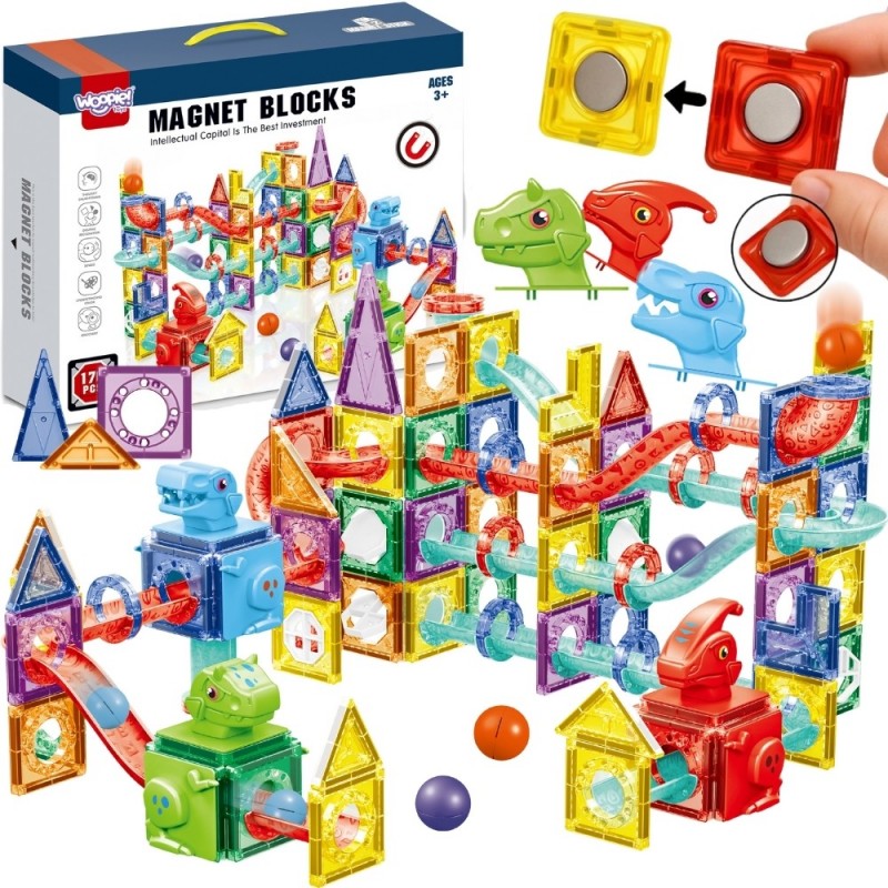 WOOPIE Klocki Magnetyczne Konstrukcyjne 3D Zestaw Edukacyjny Tor Kulkowy 170el.