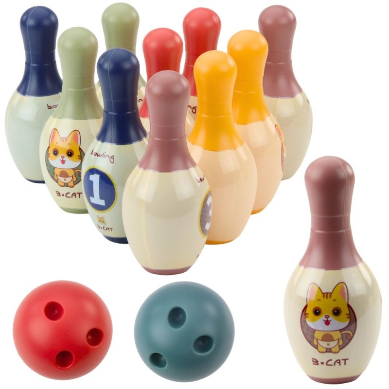 Bowling Set with Cats for Kids 10 Bowling Pins 2 Colored Balls