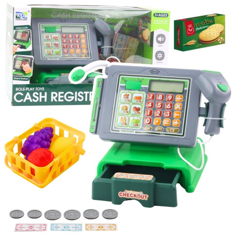 Cash Register For Kids Accessories Basket Fruit Lights Sounds Green