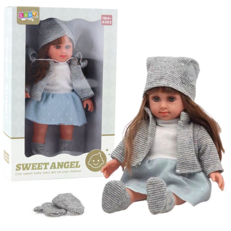 Doll in a blue dress, hat, sweater, gloves, 36.5 cm