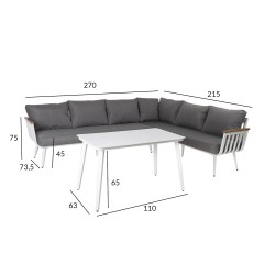 Garden furniture set HARVEST table and corner sofa, white aluminum frame, grey cushions