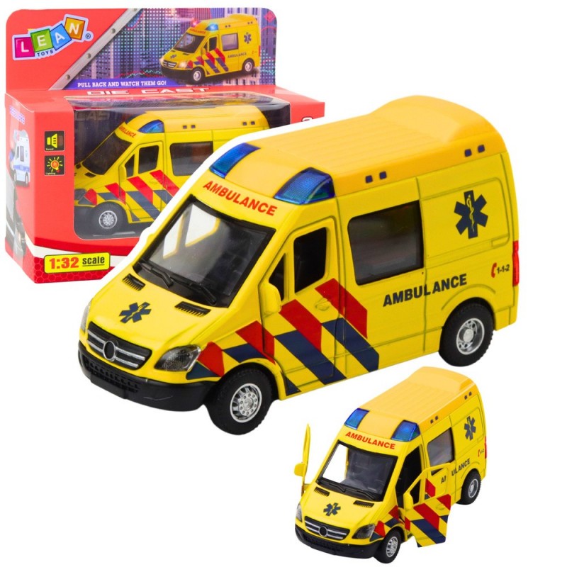 Ambulance Metal Pull Back Motorized Lights Sounds Yellow 1:32