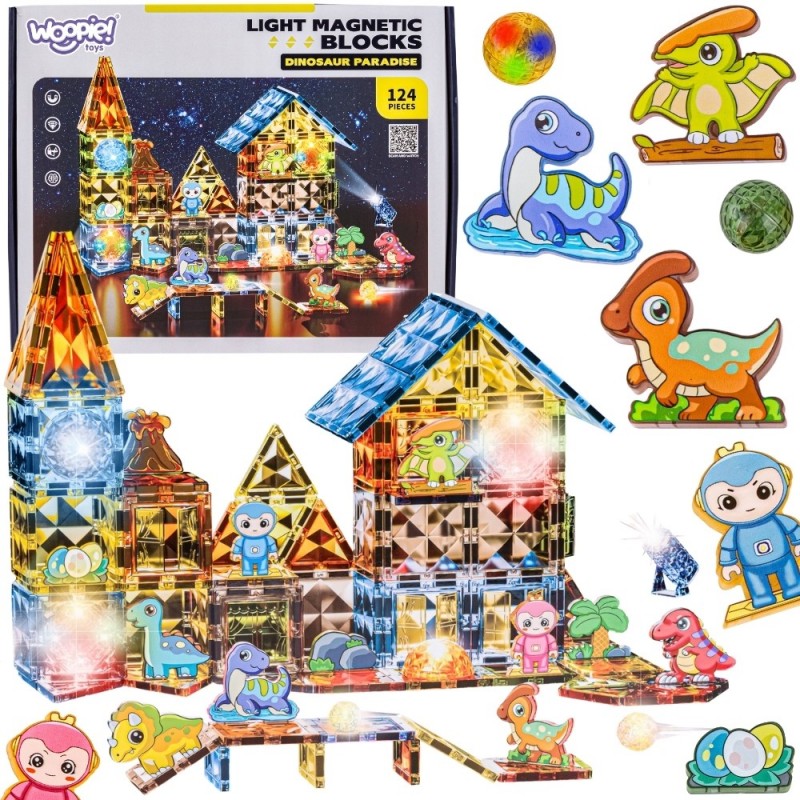 WOOPIE Klocki Magnetyczne Konstrukcyjne Świecące 3D Park Dinozaurów 124el.