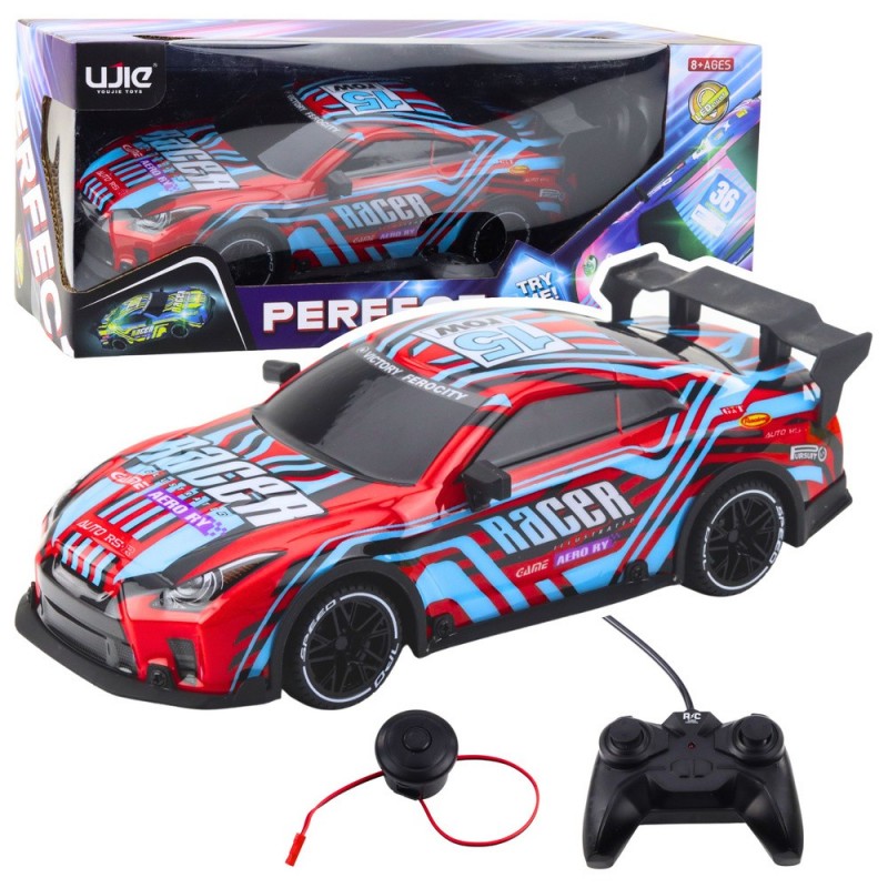 Ferngesteuertes RC-Rennauto mit leuchtender Karosserie in Blau und Rot