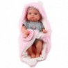 Babypuppe im grauen Pyjama mit rosa Hasendecke, 23 cm