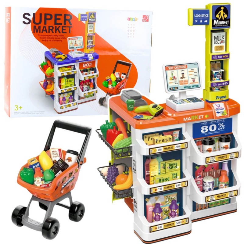 Shop Set Cash Register, Trolley, Scanner, Supermarket, Kids Shop