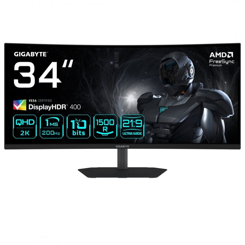 GIGABYTE G34WQC2 34” WQHD Curved Gaming Monitor - 3440 x 1440, 1500R, 200Hz, 1ms, 450 cd/m2, AMD FreeSync Premium,