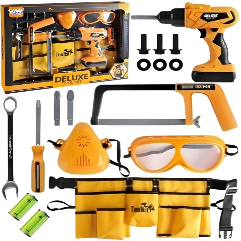 WOOPIE Zestaw Narzędzi Małego Majsterkowicza Gogle Wkrętarka Pas Na Narzędzia 16el.