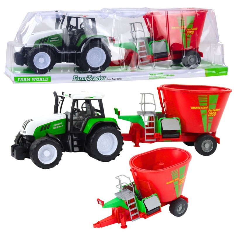 Green Agricultural Tractor with Trailer and Feed Mixer