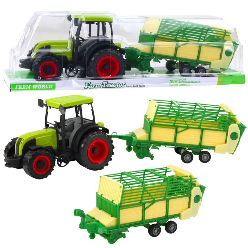 Agricultural Farm Tractor With Green and Yellow Trailer Green