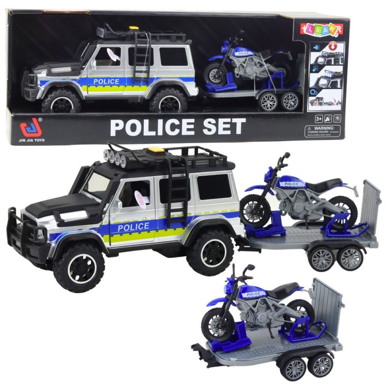 Police Car with Tow Truck and Motorcycle Set with Lights and Sounds