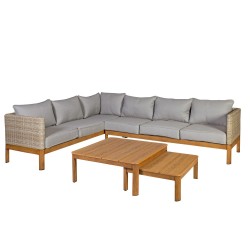 Garden furniture set CAPTAIN with cushions, corner sofa and 2 tables, color: greyish beige /teak wood