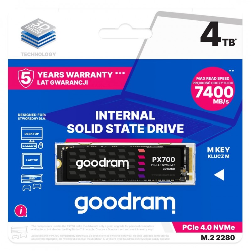 Goodram PX700 SSD SSDPR-PX700-04T-80 internal solid state drive M.2 4.1 TB PCI Express 4.0 NVMe 3D NAND