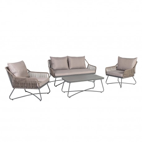 Garden furniture set ANDROS with cushions, table, sofa and 2 chairs, steel frame with rope weaving, color  grey   taupe