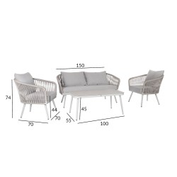 Aiamööblikomplekt ECCO laud, diivan ja 2 tooli, hall alumiiniumraam nöörpunutisega, hallid padjad
