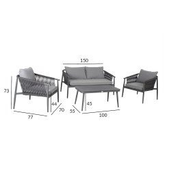 Aiamööblikomplekt WEILBURG laud, diivan ja 2 tooli, hall alumiiniumraam nöörpunutisega, hallid padjad