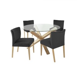 Обеденный набор TURIN с 4 стульями (11327), стол со стеклянной столешницей и дубовыми ножками, стулья из темно-серой бар