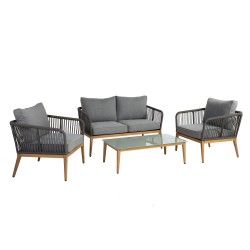 Garden furniture set STRING table, sofa and 2 chairs, wood color aluminum frame with grey rope weaving, grey cushions