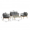 Garden furniture set STRING table, sofa and 2 chairs, wood color aluminum frame with grey rope weaving, grey cushions