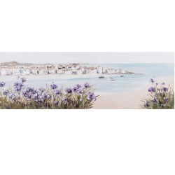 Oil painting 50x150cm, beach   purple flowers