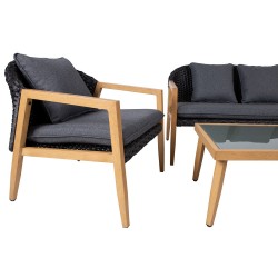 Set ERFURT table, sofa and 2 chairs, aluminum frame with black plastic weaving