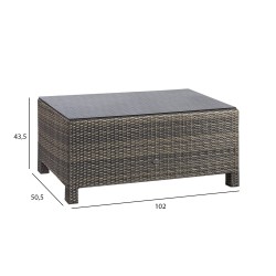 Придиванный столик SEVILLA 102x50,5xH43,5см, столешница  5мм стекло, рама  алюминий с плетением из пластика, тёмно-корич