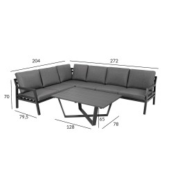 Garden furniture set PHOENIX table and corner sofa, dark grey aluminum frame, grey cushions