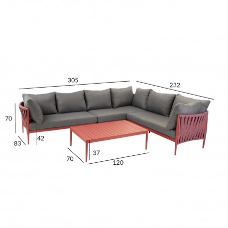 Садовая мебель BREMEN стол и угловой диван, рама из красного алюминия с плетеной веревкой, серые подушки
