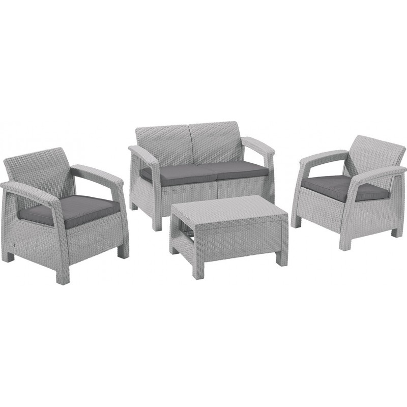 Set Corfu table, sofa and 2 chairs with cushion, light grey