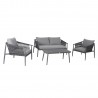Garden furniture set WEILBURG table, sofa and 2 chairs, grey aluminum frame with rope weaving, grey cushions