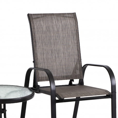 Aiamööblikomplekt DAKOTA laud, 2 reguleeritava seljatoega tooli ja 2 jalapinki, istmed  hall textiline, must terasraam