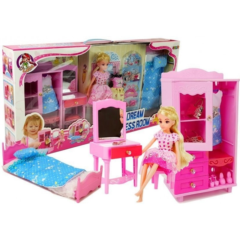 Doll + Furniture Set Bed Wardrobe Dressing table