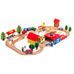 Wooden Train Track Cars Trees Buildings