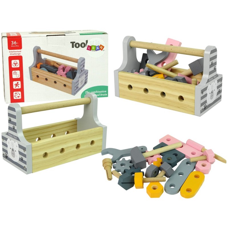 Wooden Set of Tools Screws Nuts Wrenches Box