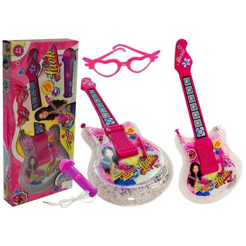 Set of Children's Guitar with Microphone and Glasses Pink